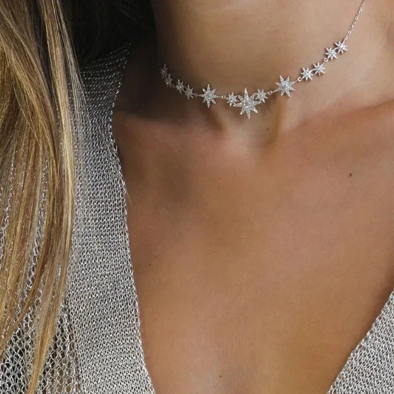 Summer Fashion Iced Out Bling Cz Star Starburst Charm Nchoker Necklaces For Women Delicate Charm Statement Jewelry Wholesale 250711
