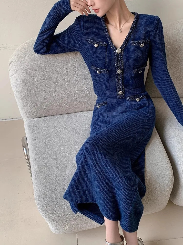Office Lady Elegant V-Neck Tweed Knitted Top High Waist Split Long Skirt Two Piece Set Women Fashion Spring Autumn Matching Sets 250714