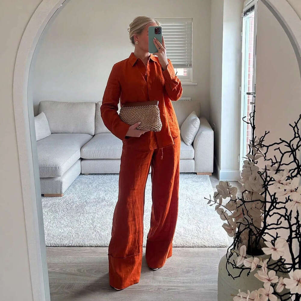 TRAFZA Spring Summer New Style Women's Fashion Casual Turn-Down Collar Long Sleeve Shirt Wide-Leg Pants Set B5