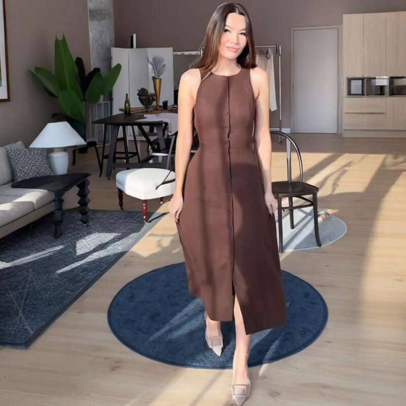 Summer New Women's Sleeveless Button Waist-Cinching Elegant Fashion Dress B5