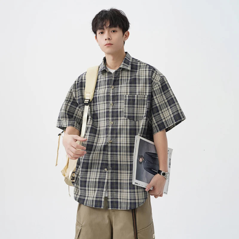 TFETTERS Vintage Plaid Shirts Mans Spring Summer Baggy Short Sleeve Shirts for Men Korean Fashion Clothes Teenagers 250715