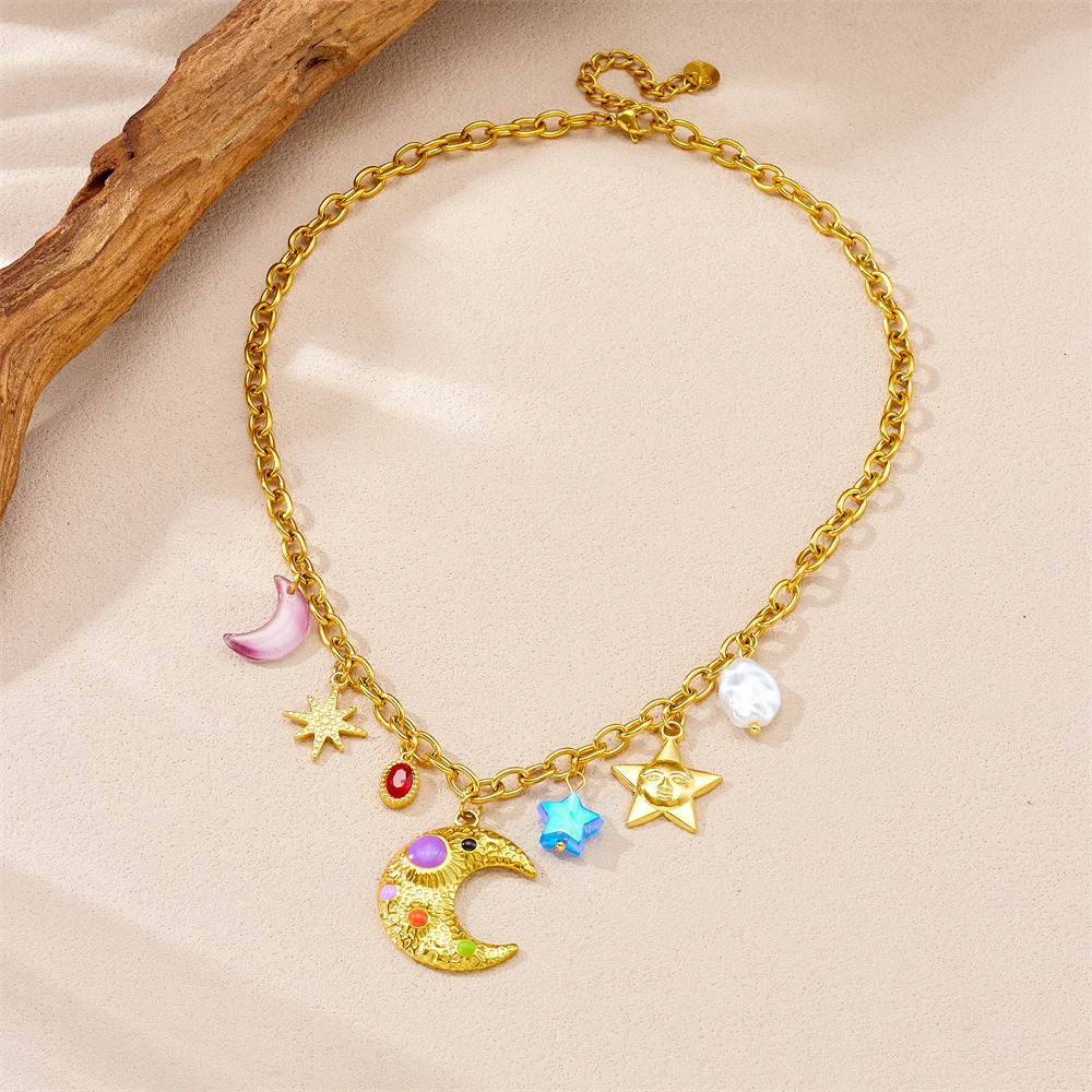 DIEYURO 316L Stainless Steel Colorful Enamel Moon Stars Multi Pendant Necklace Lady Fashion Neck Chain Waterproof Jewelry Gif 250711