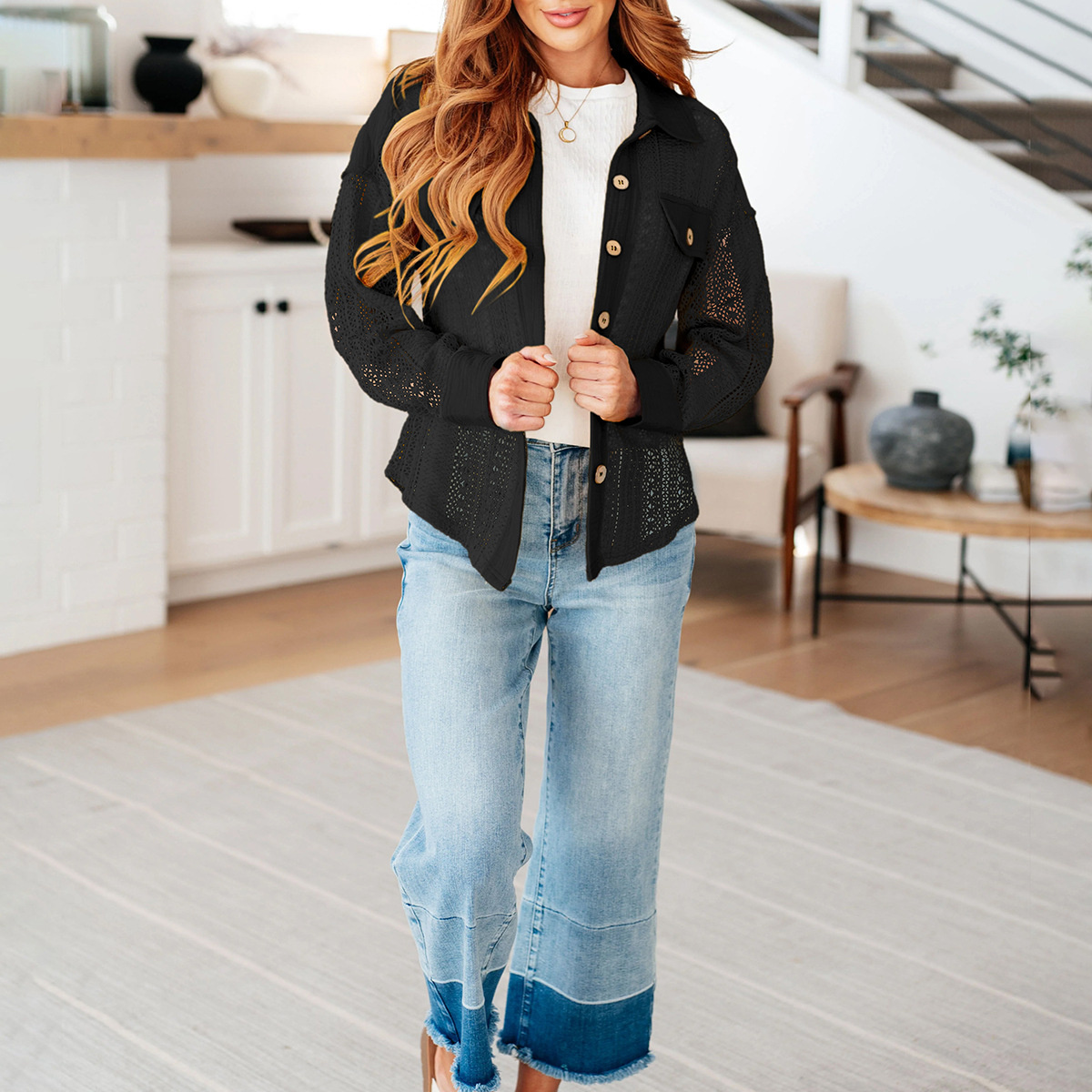 hot Free shipping designer for women Collar fake pocket button long sleeved hollow shirt loose casual solid color top coat