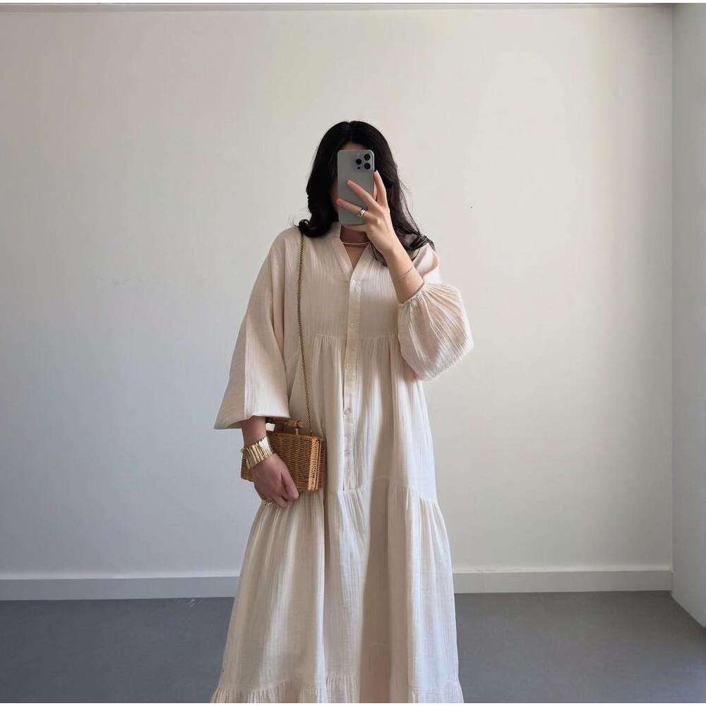 Summer New V-Neck Button Lantern Sleeve Solid Color Women's Sexy Slim Dress B5