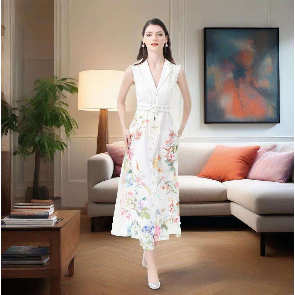 Women's Vacation Style Suit Collar Sleeveless Slim Lace Floral Print Long Dress B5