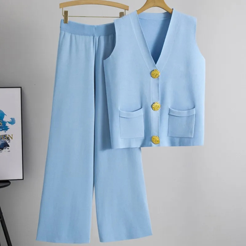 Fashion Large Gold Button Vest Knitted Suit V Neck Single Breasted colorful Knit Top Wide Leg Pants 2 Piece Set Women Outfit 250714