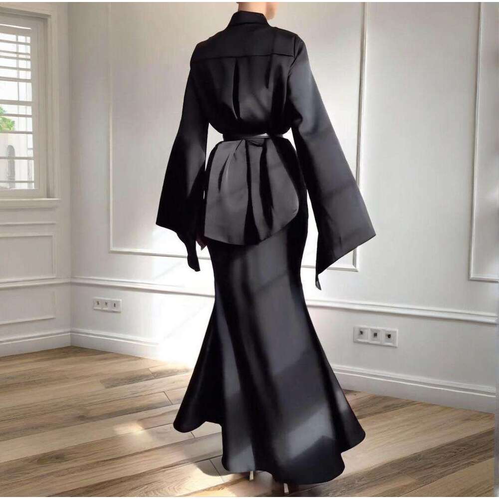 Spring New Women's Solid Color Long Sleeve Jacket Waist-Cinching Half Dress Set For Women B5