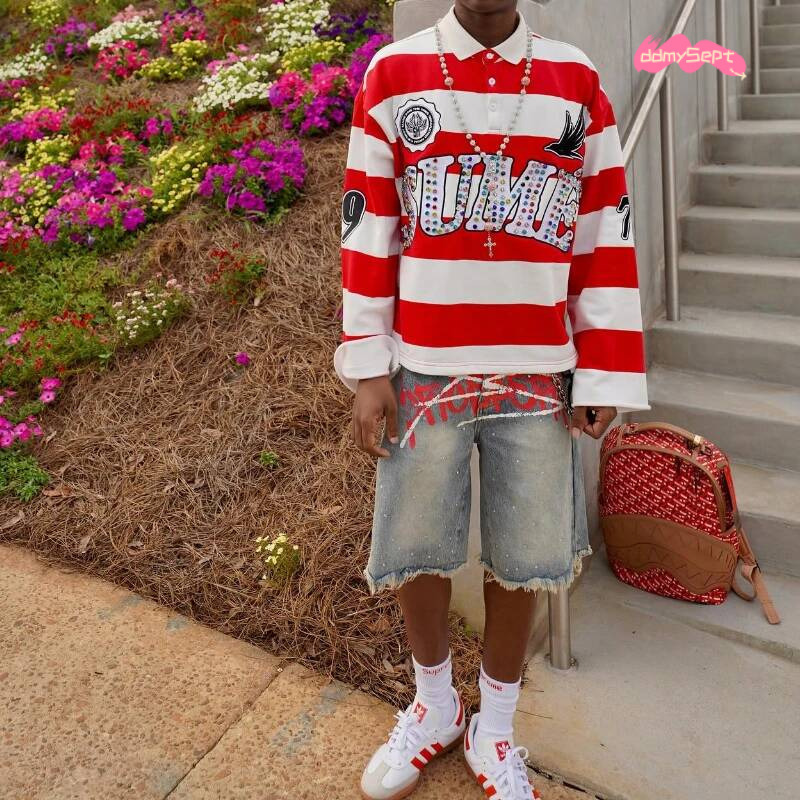 2 Pcs Co-ords Sume Rugby Dia Embroidery Stripe Polo Shirt Y2K Retro Classic Unisex Oversized Long Sleeved Shirts Sets ddmysept