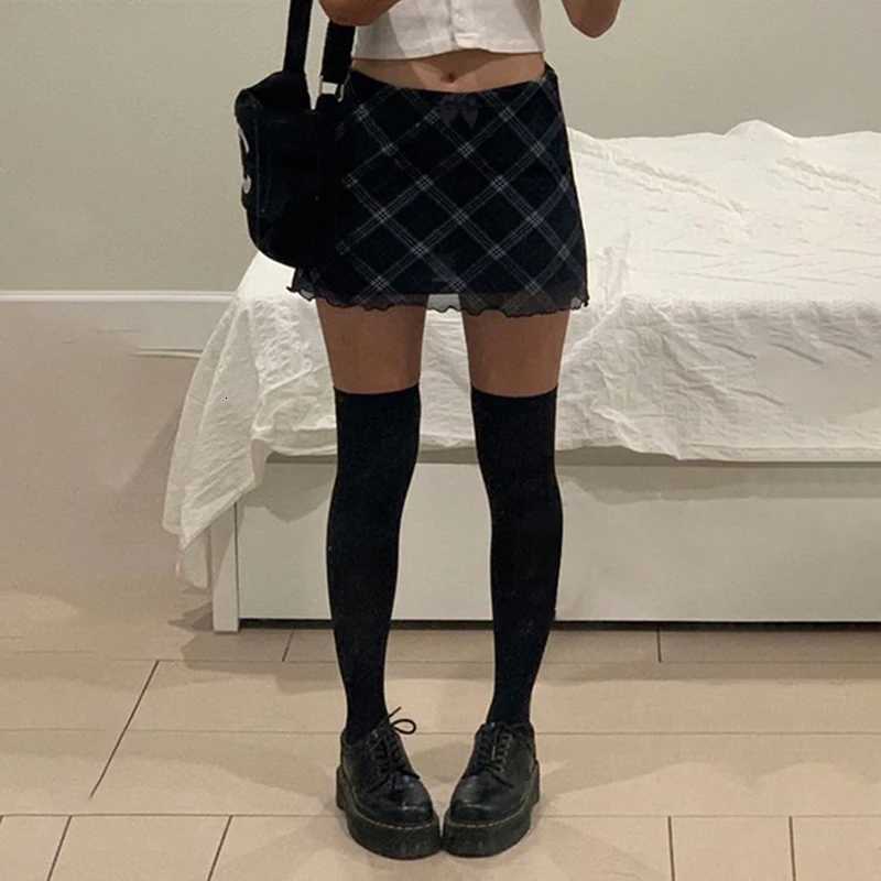 1amHoty Vintage Plaid Double Layer Mesh Skirt High Waist Straight Mini Skirts Fairy Grunge Streetwear Korean Chic Y2K Skirts R250728