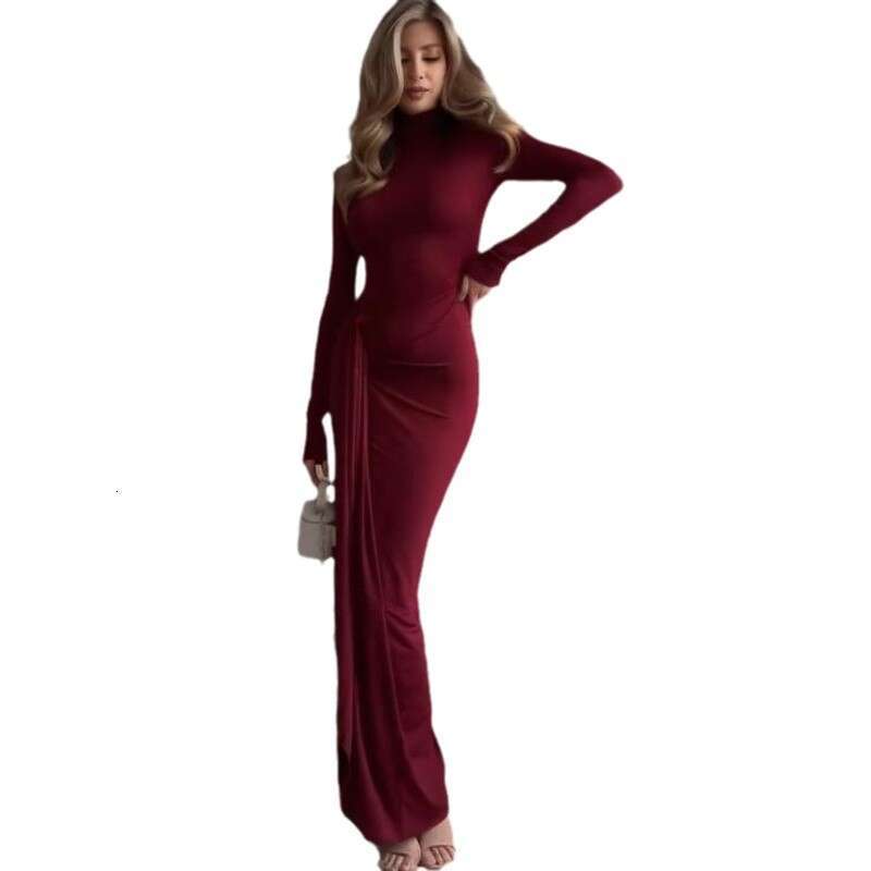 Spring New Women's Solid Color Half High Collar Sexy Waist-Cinching Elegant Fashion Dress B5