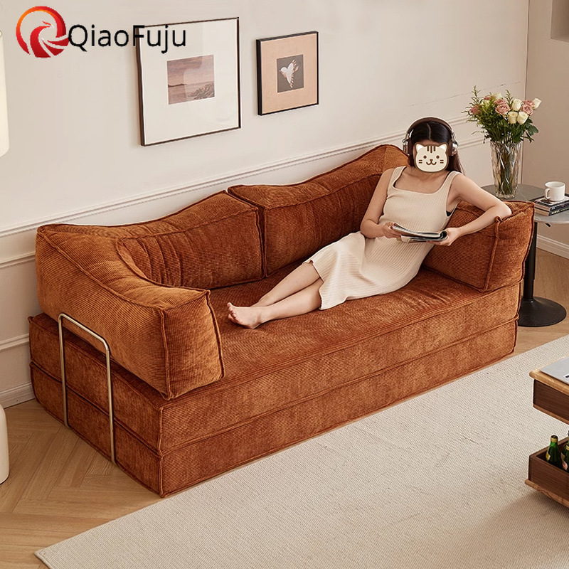 2-in-1 Folding Sofa Bed with Pillow Compression Sofa Corduroy Vintage Straight Fabric Teddy Sofa for Living Room compressed sofa couch in a box 4-pers