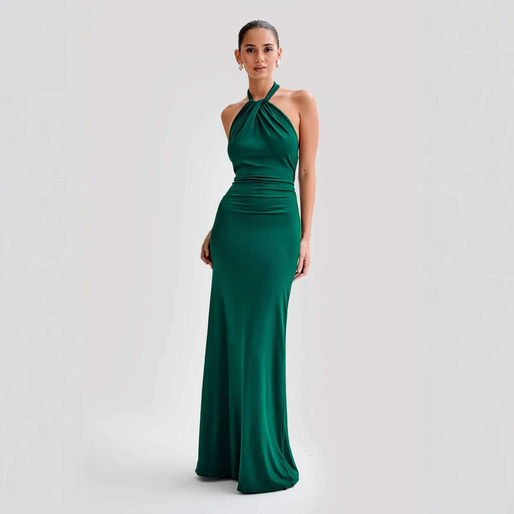 Summer New Women's Sexy Halter Neck Solid Color Sleeveless Elegant Waist-Cinching Dress B5