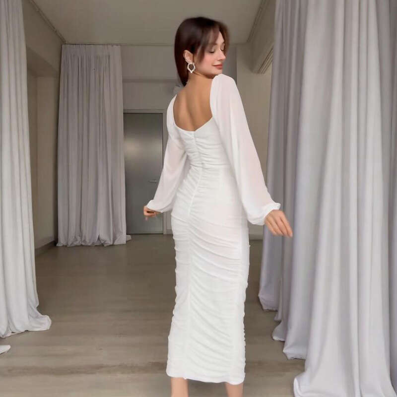 Spring New Women's Pleated Solid Color Waist-Cinching Elegant Fashion Dress B5