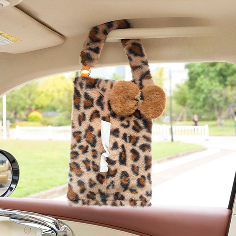 1PC Car tissue box Leopard print car tissue box plush car seat hanging paper box Fashion goddess car home dual use tissue bag 250715