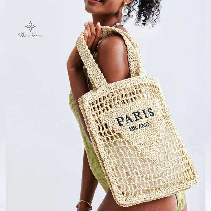 Women Summer Beach Knitting Shoulder Bag Hollow Out Handwoven Handbag Portable Large Capacity Casual Tote
