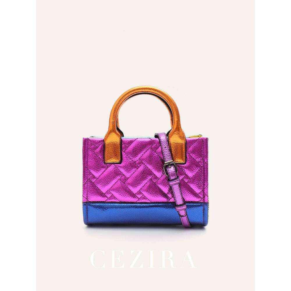 CEZIRA Women's Fashion Metallic Contrast Color PU Leather Handbag Two Sides Thread Top-Handle Tote Adjustable Strap Shoulder Bag