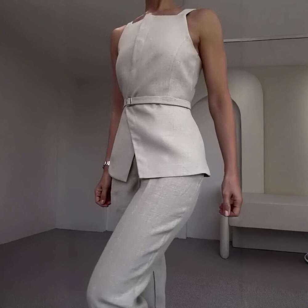 Summer New Women's Belt Solid Color Wide-Leg Pants Elegant Commuter Fashion Set B5