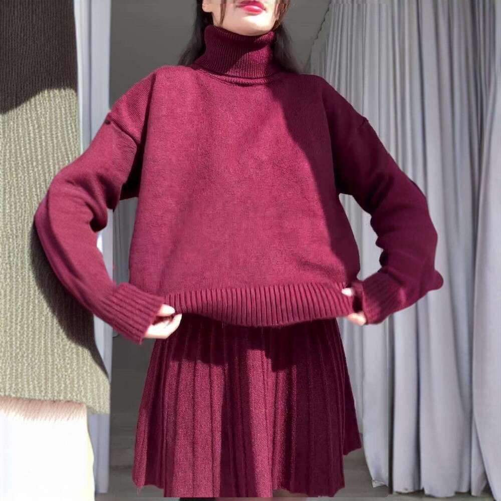 Autumn Winter New Women's Sweater High Neck Long Sleeve Fashion Casual Pleated Short Skirt Set B5
