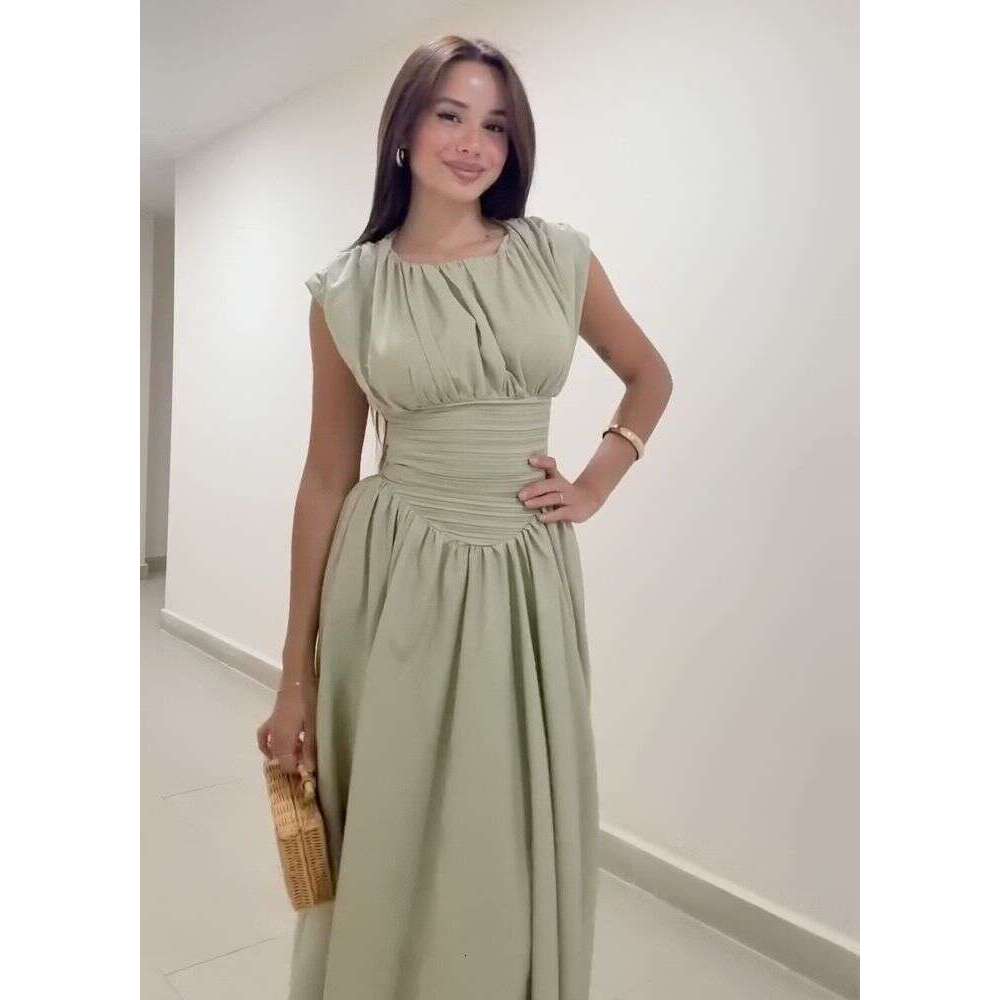 New Sweet Pure Desire Waist-Cinching Slimming A-Line French Style Girl Pleated Patchwork Short Sleeve Mid-Length Dress For Women B5