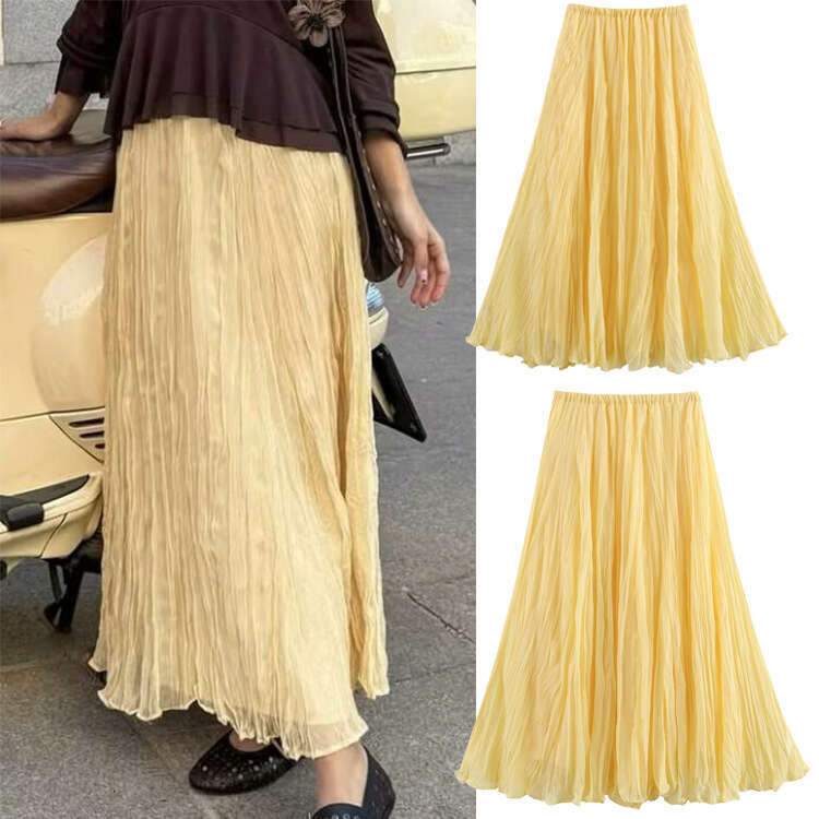 TRAFZA Women's Spring Summer Style Elastic Waist Pleated Effect Long Skirt B5