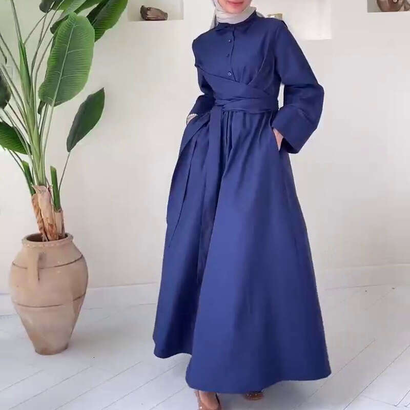 New Women's Autumn Turn-Down Collar Shirt High Waist Tie Commuter Dress B5