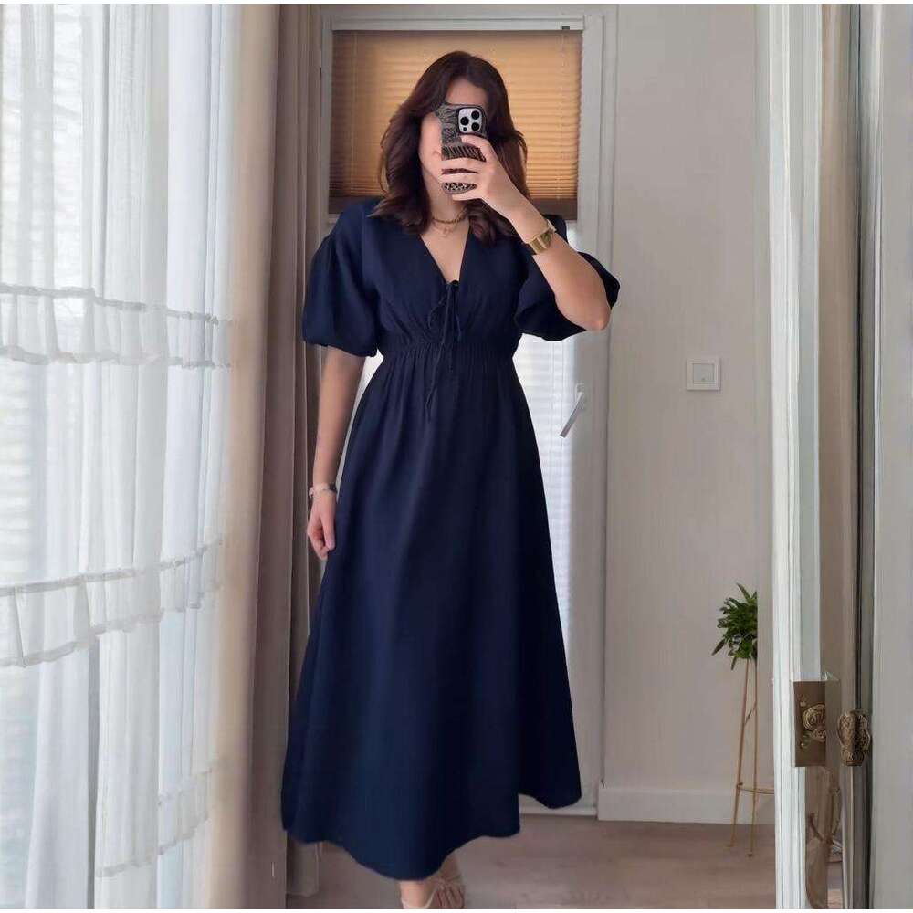Summer New V-Neck Women's Sexy Puff Sleeve Slim French Mid-Length Dress B5