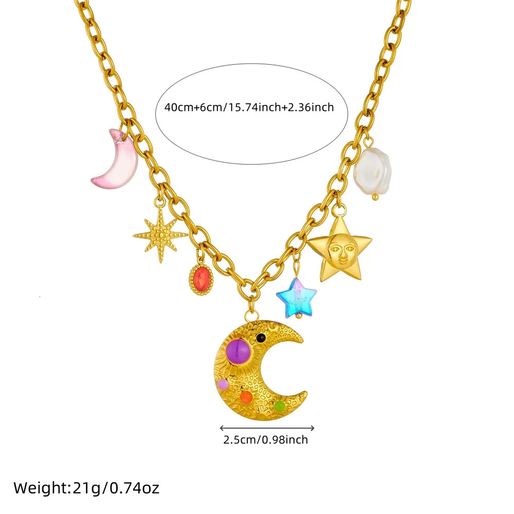 DIEYURO 316L Stainless Steel Colorful Enamel Moon Stars Multi Pendant Necklace Lady Fashion Neck Chain Waterproof Jewelry Gif 250711