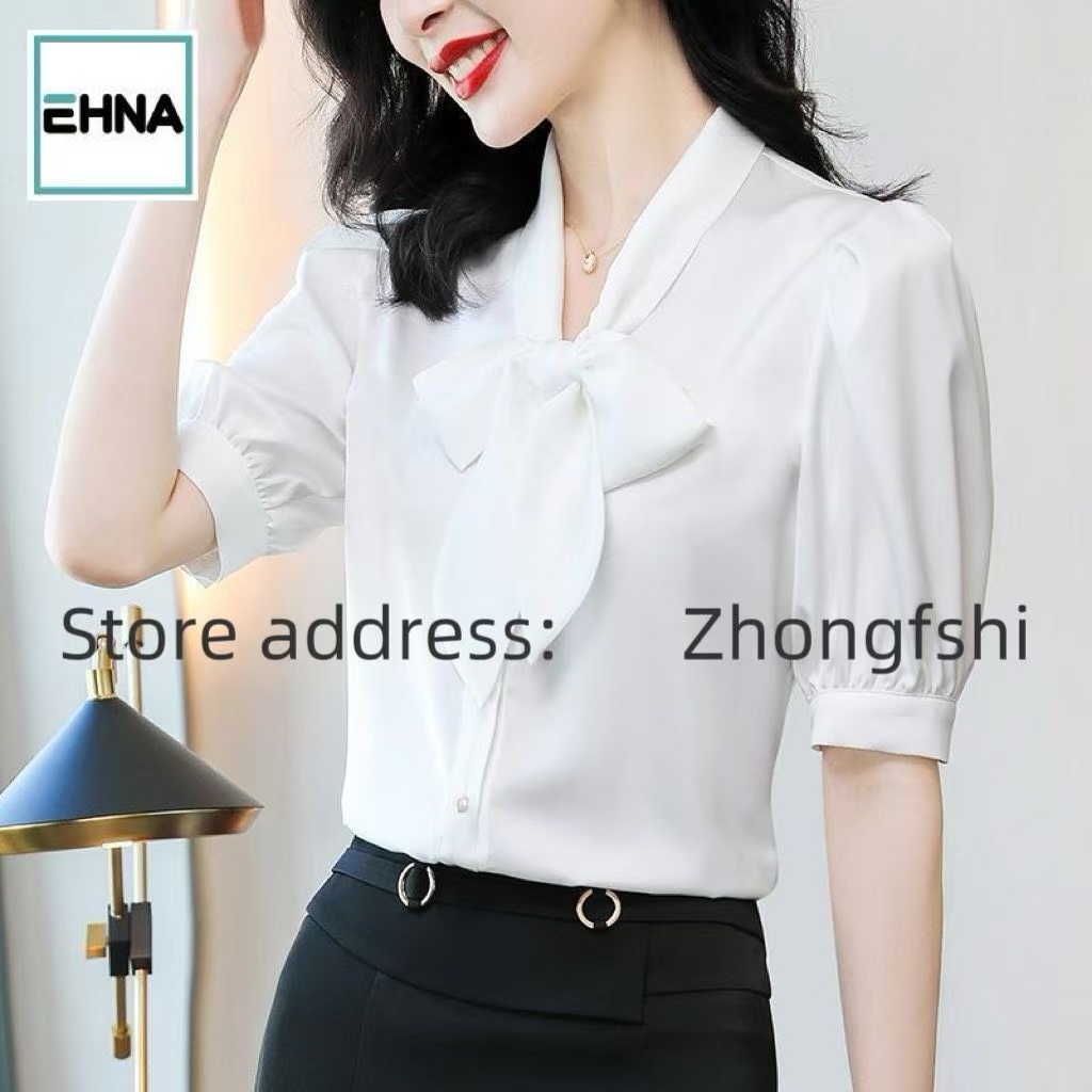 Women's short-sleeved white chiffon blouse, new summer style, fashionable, featuring a bow and ribbon.