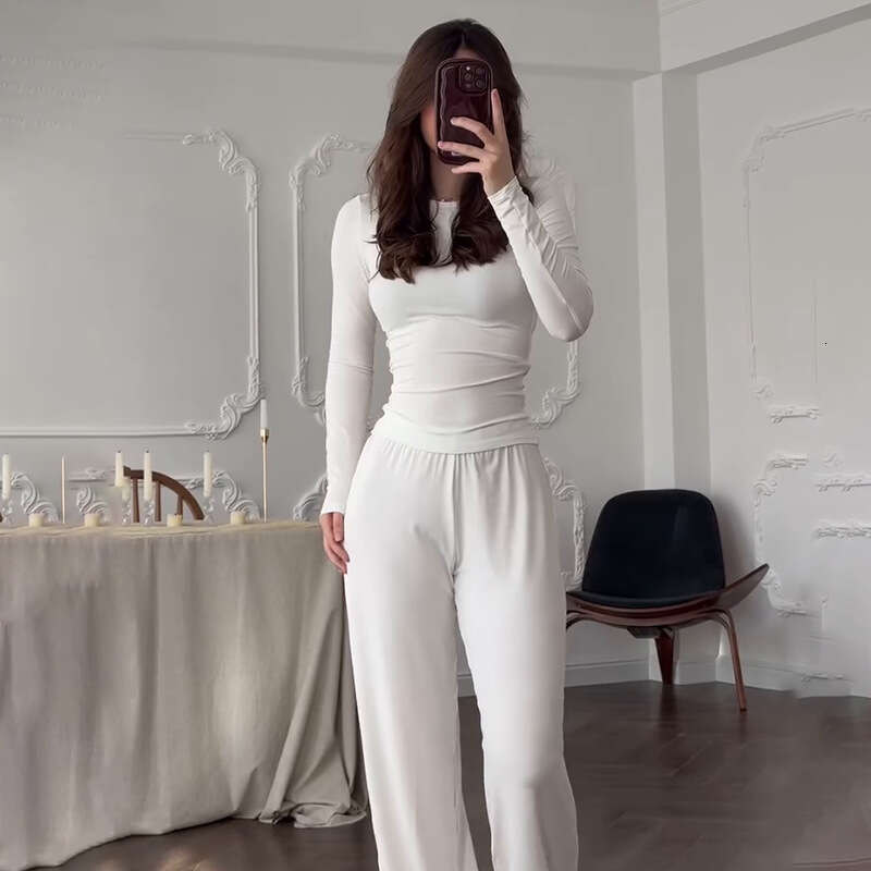 Summer New Women's Round Neck Solid Color Wide Leg Pants Elegant Commuting Fashion Set B5