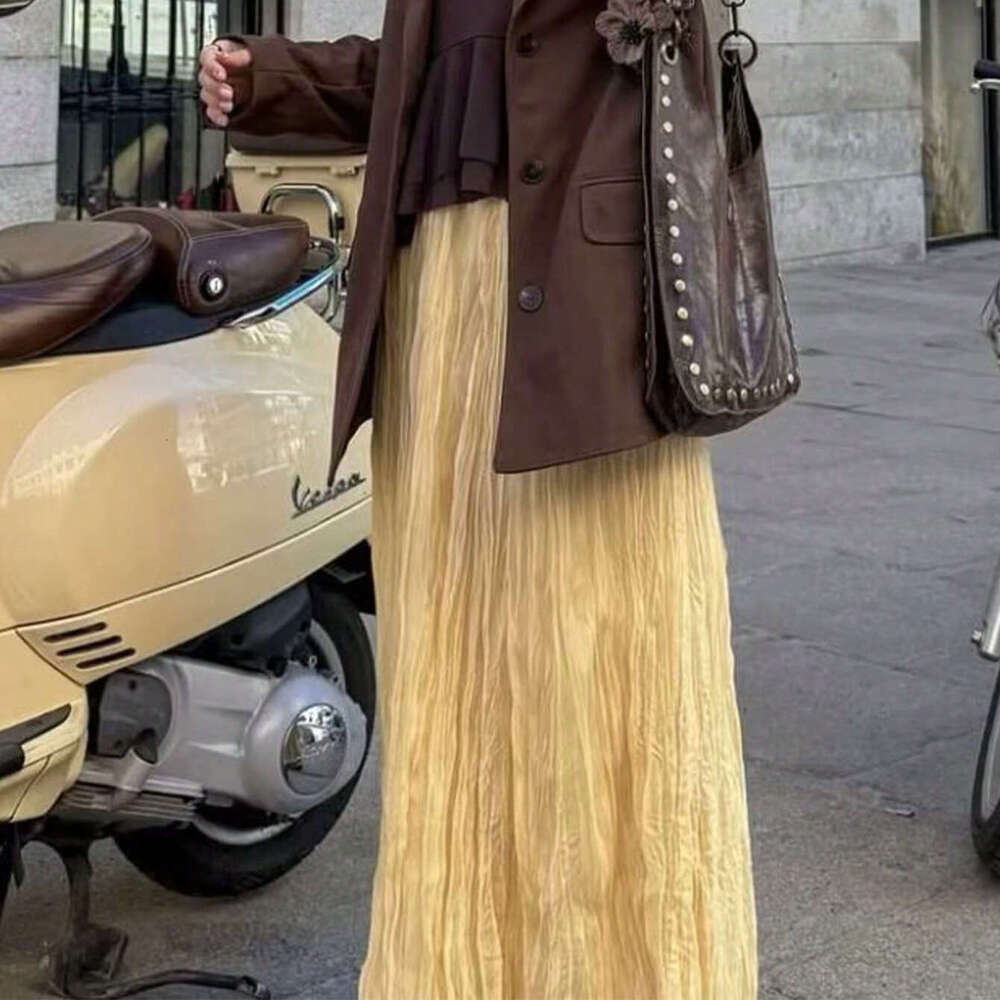 TRAFZA Women's Spring Summer Style Elastic Waist Pleated Effect Long Skirt B5
