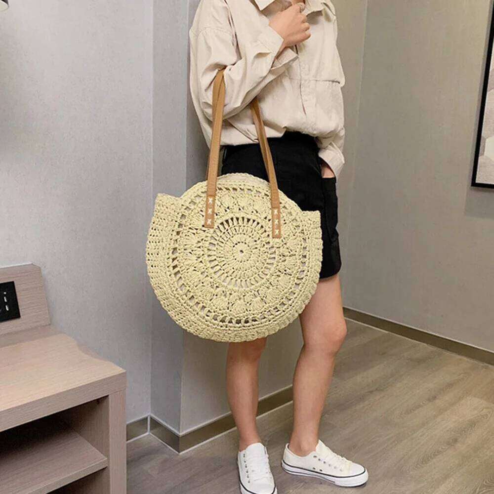 Ladies Woven Tote Handmade Summer Hollow Weaving Underarm Bag Fashion Casual Simple Portable Large Capacity For Seaside Holiday