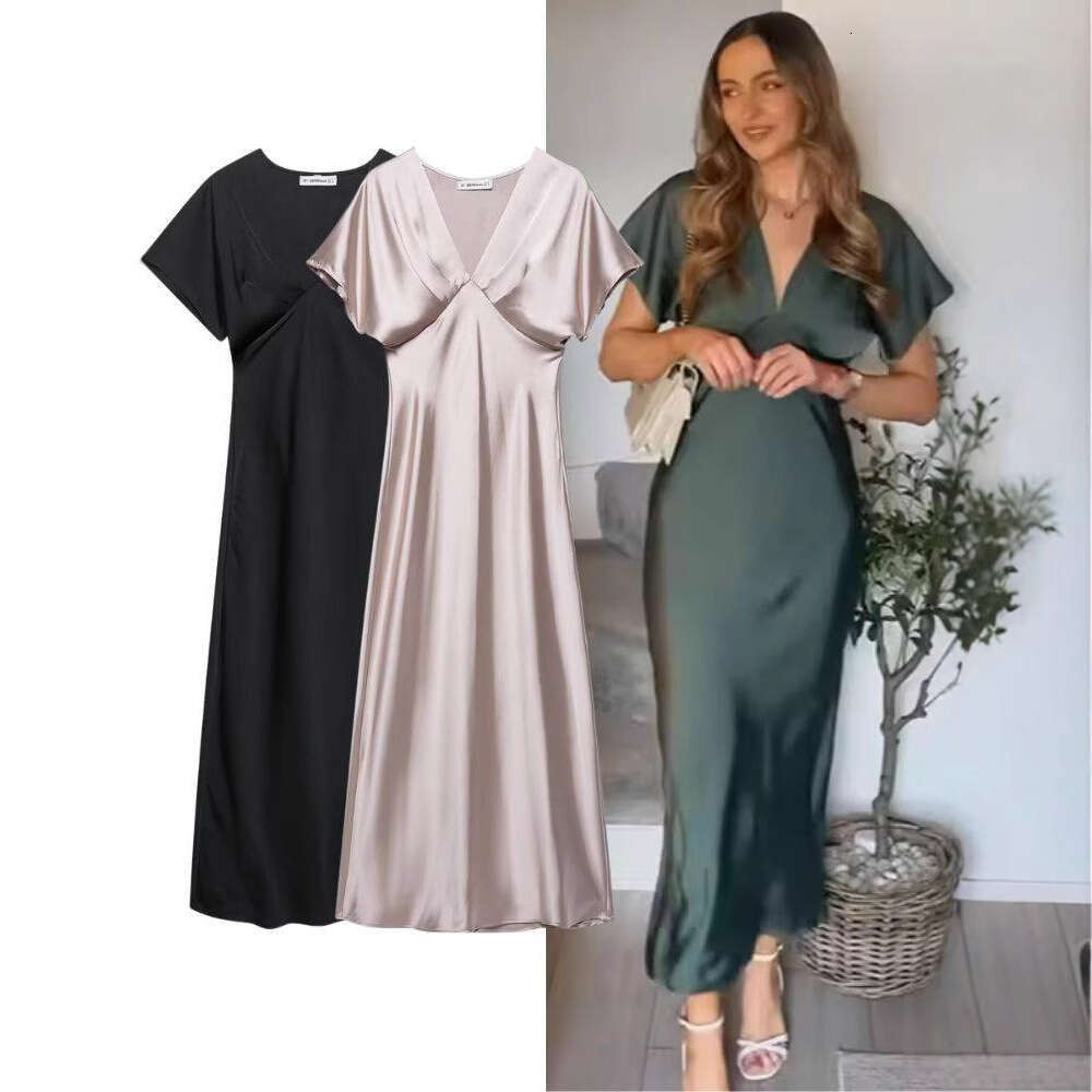 TRAFZA Spring Summer New Style Women's Fashionable Elegant Casual Satin Texture Dress B5