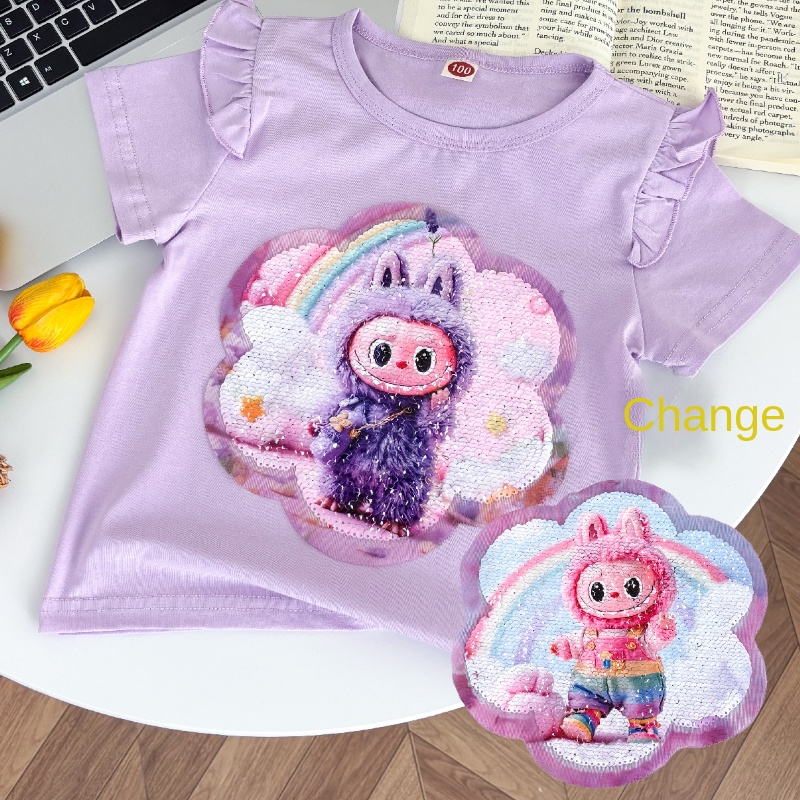 LABUBU children's clothing designer short-sleeved T-shirt color-changing sequin children's clothing casual T-shirt printed design clothing s