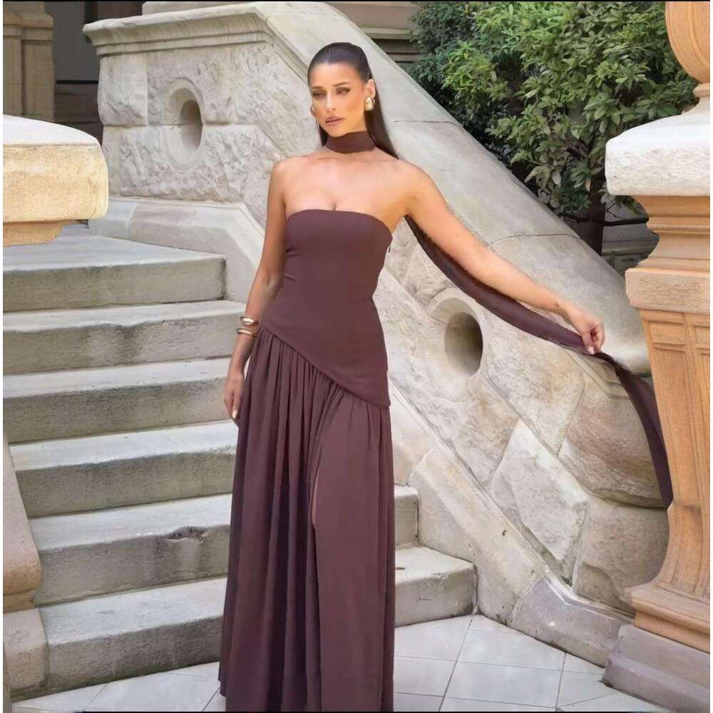 Summer New Women's Fashion Elegant Romantic Atmosphere Patchwork Pleated Strapless Dress B5