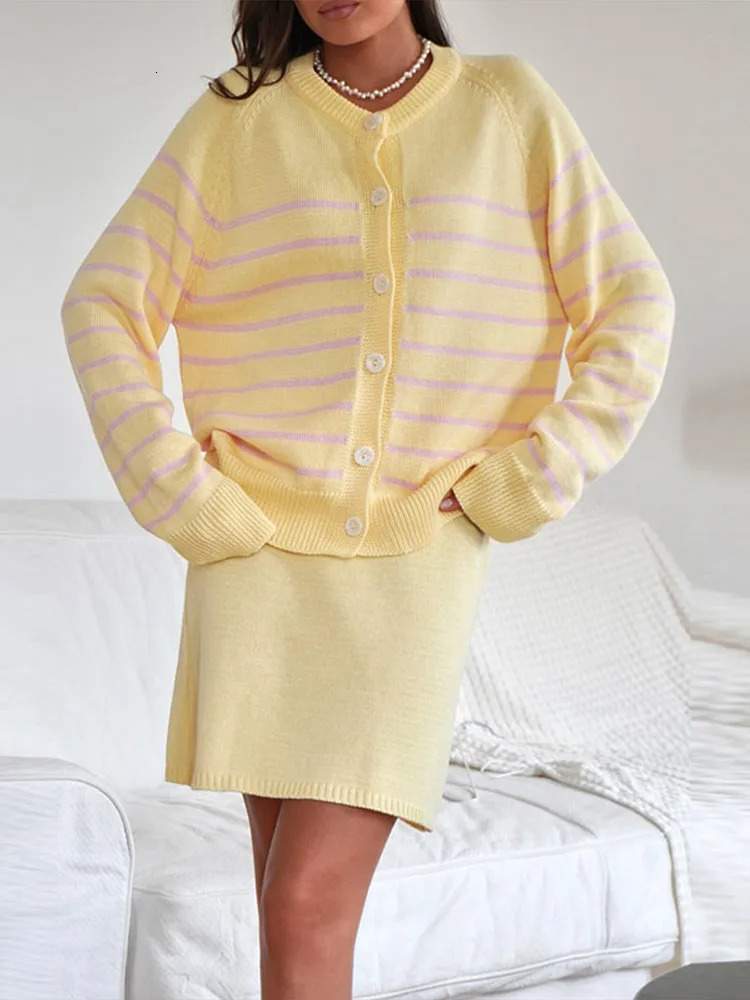 Knitted Cardigan Shirts Skirts Women Two Piece Set Round Neck Single Breaded Coats Long Sleeve Mini Sexy Skirt Striped Tops 250714