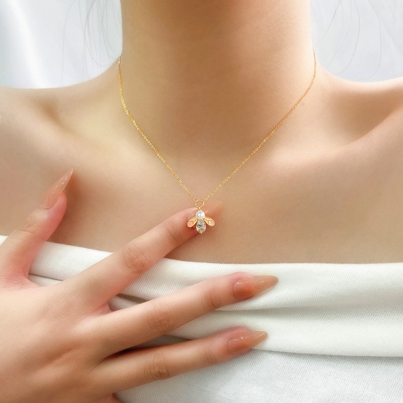 Sterling Silver Bee Pendant Necklace, Pearl & Cubic Zirconia Accent, Dainty Insect - Inspired Jewelry