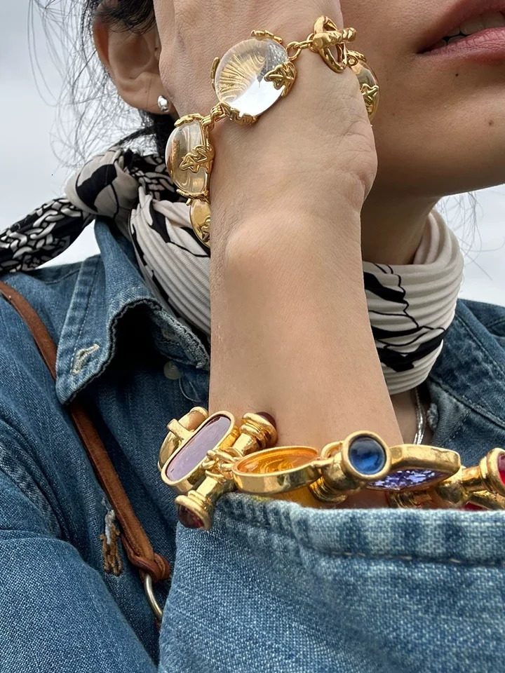Brass Statement Chunky Colorful Retro Beads Bracelet Women Jewelry T Show Runway Gown Rare INS Japan Korean Trendy 250711