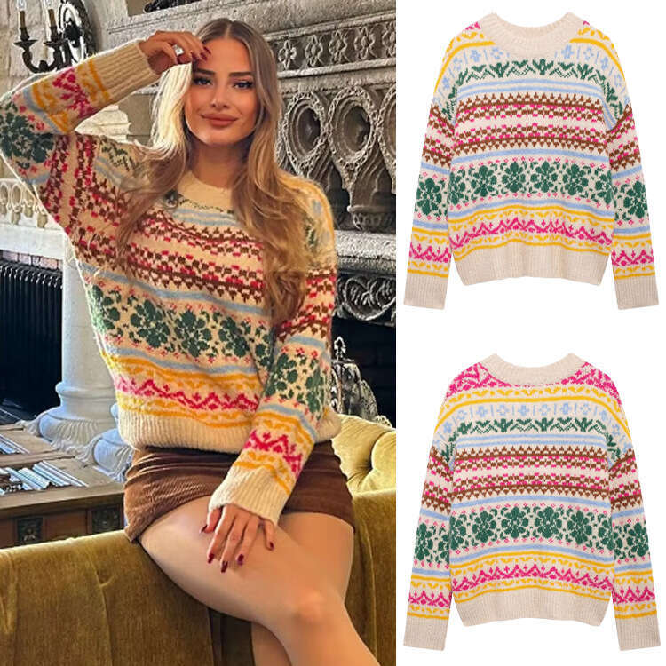 TRAFZA Style Women's New Color-Block Jacquard Loose Long-Sleeve Crew Neck Knit Sweater B5