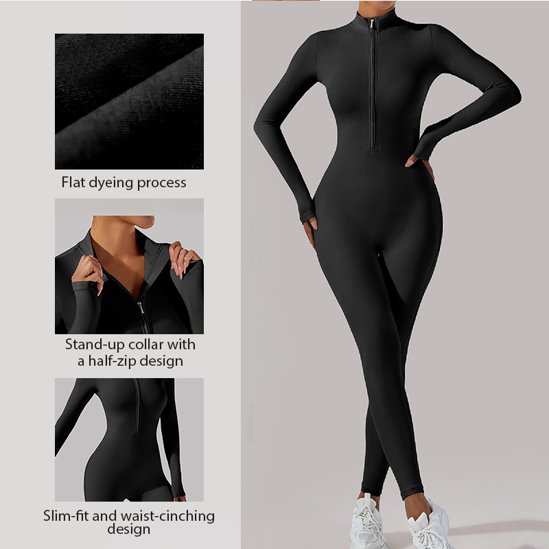 European & American Style Naked-Feel Half-Zip Long One-Piece Yoga Bodysuit for Women, Slim-Fitting, Butt-Lifting, Tight-Fitting Full-Length Sports & F