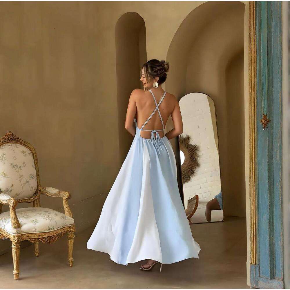 Summer New Women's Solid Color Strap Tie Sexy Elegant Fashion Dress B5