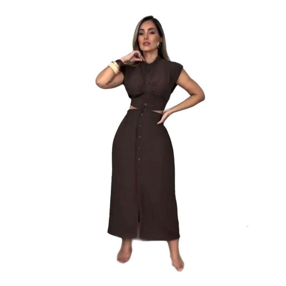 Summer New Women's Clothing Button Hollow Sleeveless Round Neck Elegant Casual Long Dress B5