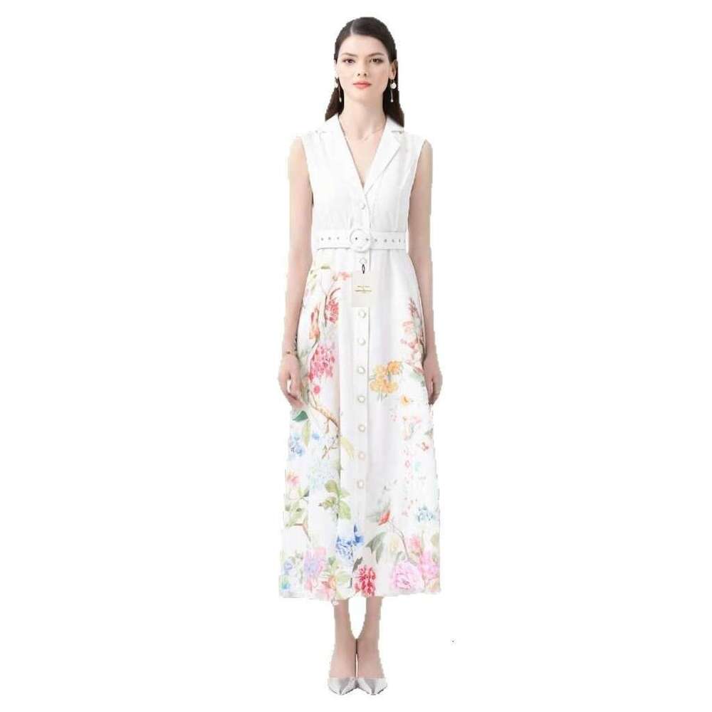 Women's Vacation Style Suit Collar Sleeveless Slim Lace Floral Print Long Dress B5