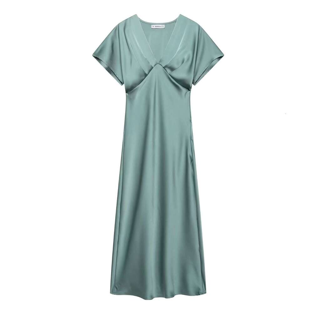 TRAFZA Spring Summer New Style Women's Fashionable Elegant Casual Satin Texture Dress B5