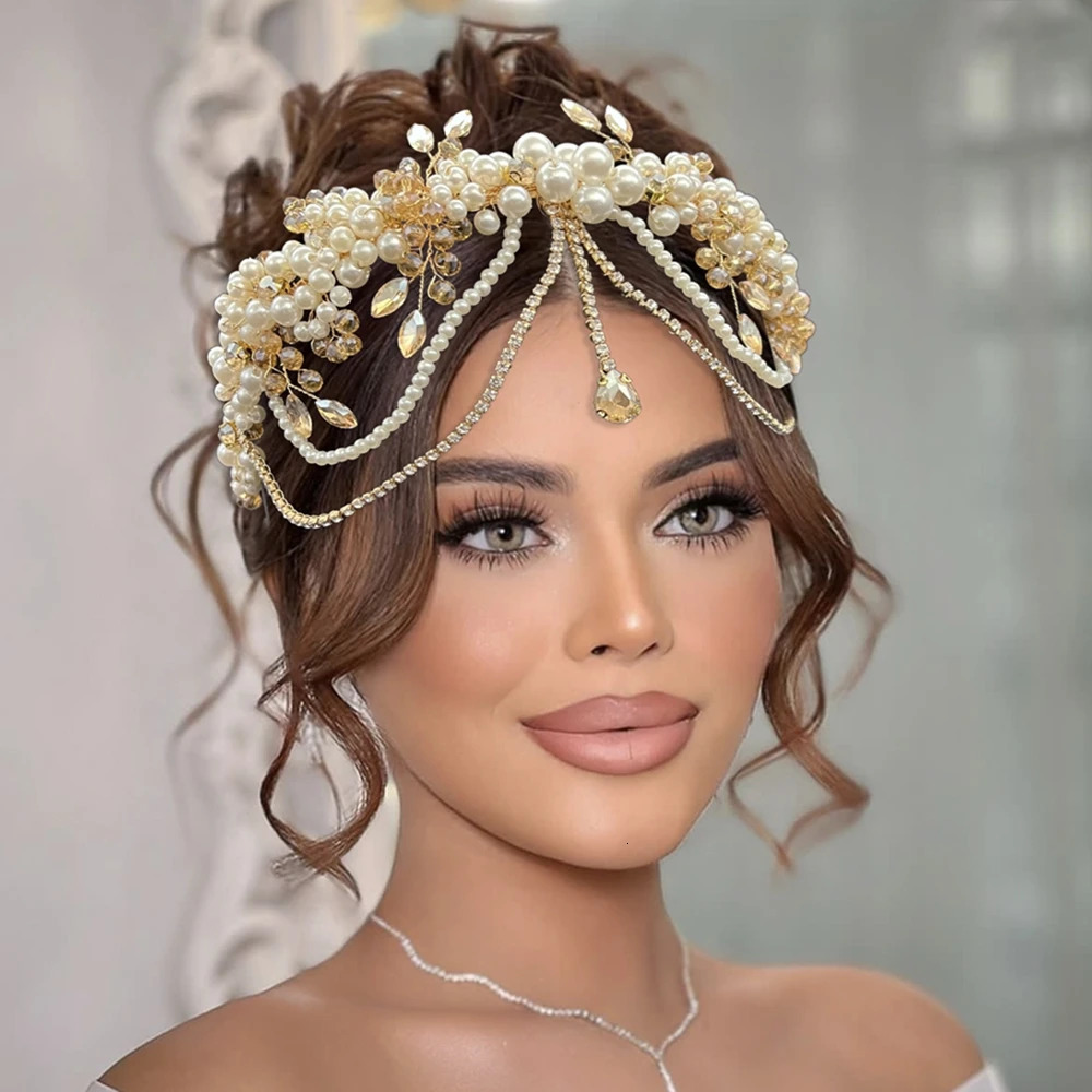 DZ266 Champagne Crystal Bridal Headband Green Blue Wedding Hair Accessories Jewelry for Women Bride Tiara Pearl Party Headpiece 250711
