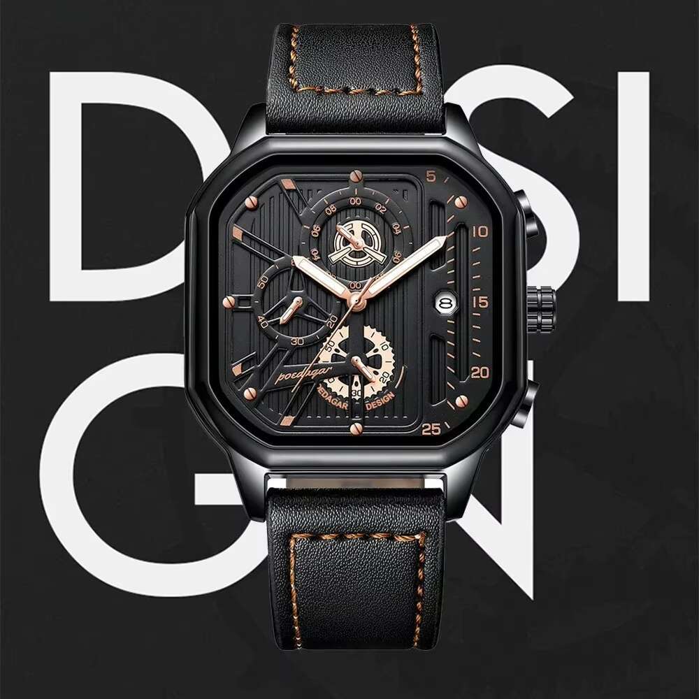 DHwatches Men's Square Chronograph Watch - 50M Waterproof Leather Strap Quartz Wristwatch with Date & Luminous (Model 628)