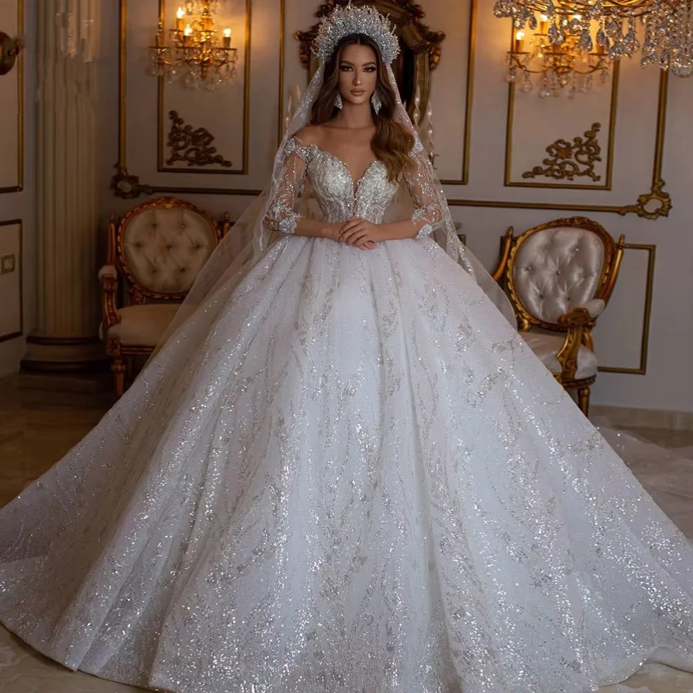 2026 Luxurious Sequins Church Wedding Dresses Sheer Neck Long Sleeves Beading Lace Princess Bride Bridal Dress Vestidos De Novia