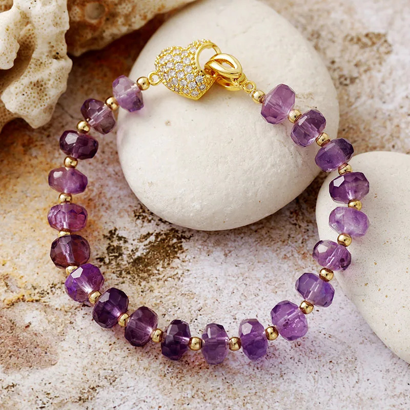 Healing Crystal Gemstones Amethysts Ctrine Heart Charm Clasp Bracelet For Women Zircon Brass Jewelry Femme 250711