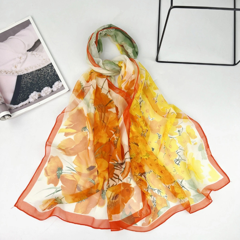 K1361 Summer thin art print silk scarf for women Fashion medium and long Georgette scarf sunscreen scarf versatile shawl
