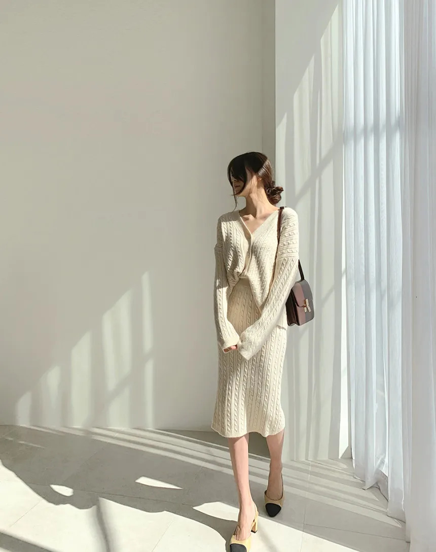 Women Full Sleeve Coats Korean Sweaters V Neck Cardigan Loose Two Piece Sets Solid Knitted Package Hip Skirt Set Autumn 250714
