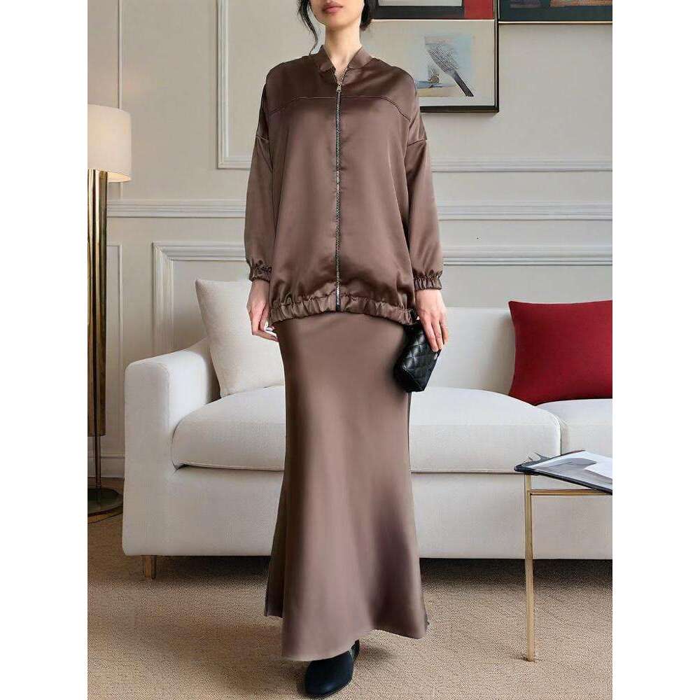 Spring New Women's Zipper Solid Color Midi Skirt Elegant Fashion Commuter Set B5